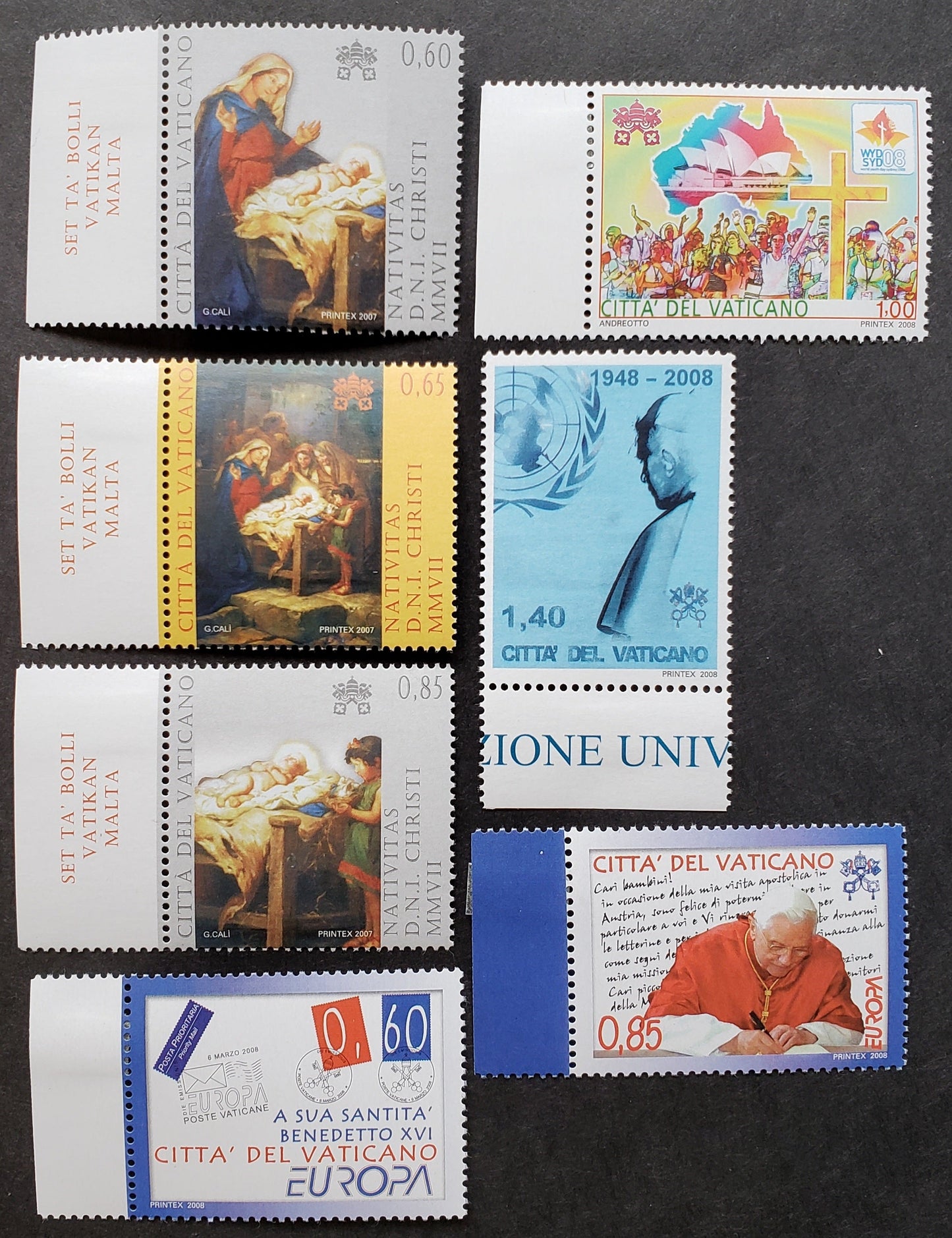 Lot 240 Vatican City SC#1371/1385 2008 Christmas / Visit Of Pope Benedict XVI To UN Issues, 7 VFNH Singles, Click on Listing to See ALL Pictures, 2017 Scott Cat. $17.75