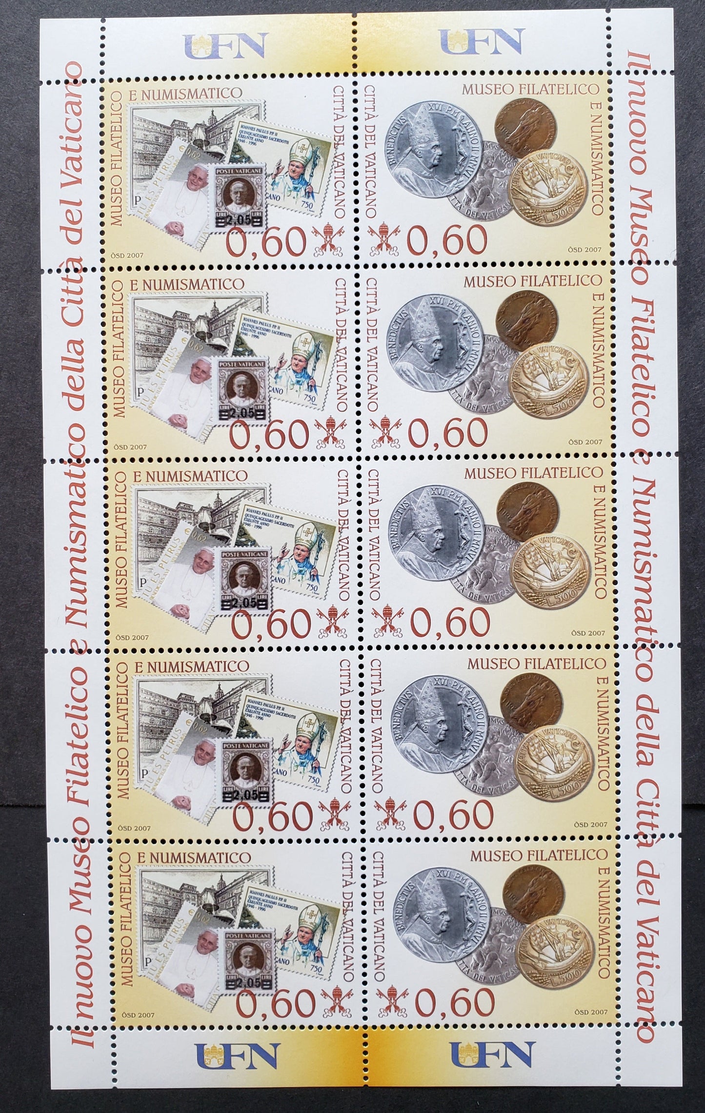 Lot 241 Vatican City SC#1357var 2007 New Philatelic And Numismatic Museum Issue, A VFNH Sheet Of 10, Click on Listing to See ALL Pictures, 2017 Scott Cat. $17.5