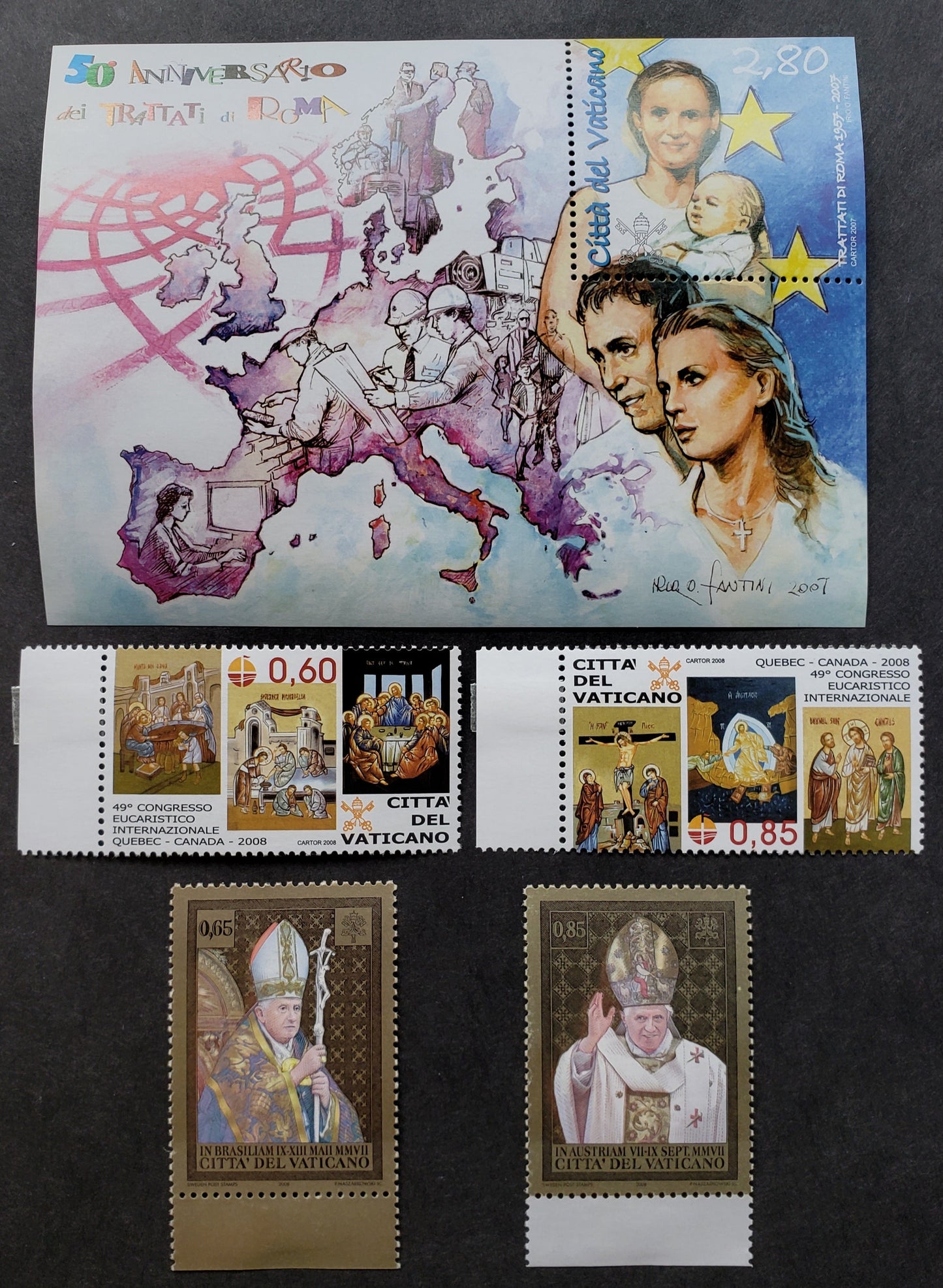 Lot 242 Vatican City SC#1364/1391 2008 Treaty Of Rome 50th Anniv./ Travels Of Pope Benedict Issues, 4 VFNH Singles And A Souvenir Sheet, Click on Listing to See ALL Pictures, 2017 Scott Cat. $17