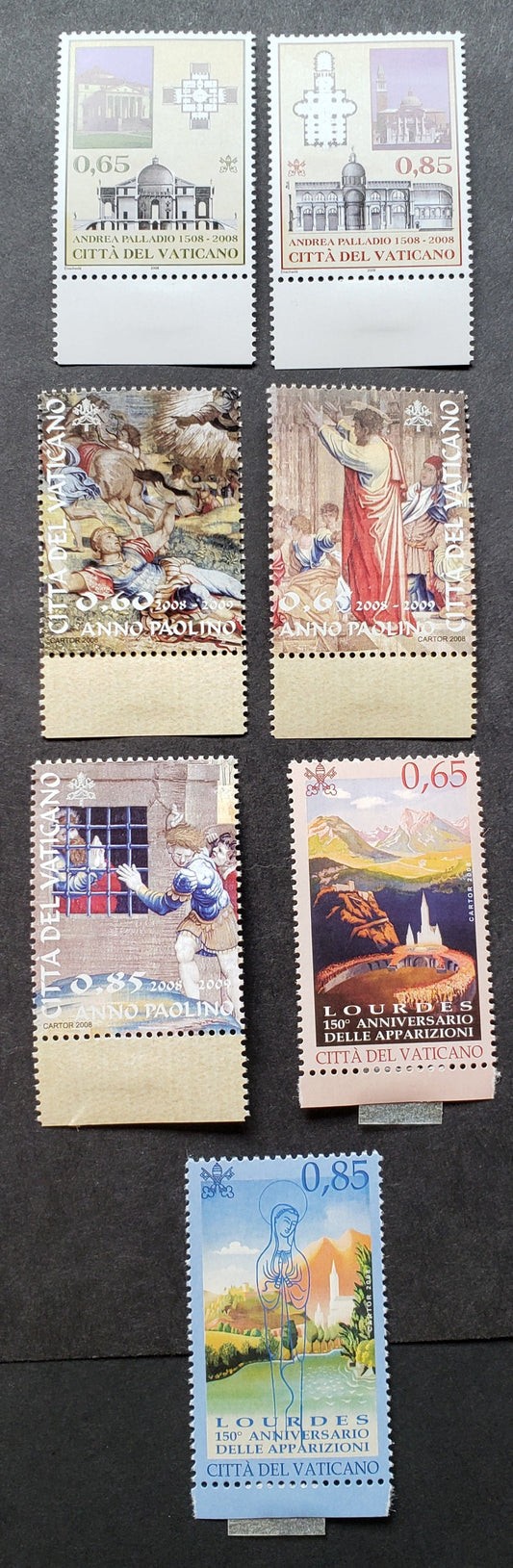 Lot 245 Vatican City SC#1388/1397 2008 Apparition Of The Virgin Mary At Lourdes / Andrea Palladio Issues, 7 VFNH Singles, Click on Listing to See ALL Pictures, 2017 Scott Cat. $19.5