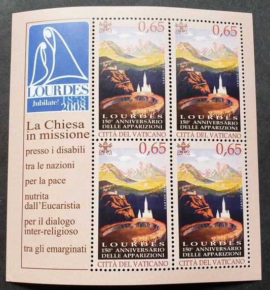 Lot 248 Vatican City SC#1388var 2008 Apparition Of The Virgin Mary At Lourdes Issue, A VFNH Sheet Of 4, Click on Listing to See ALL Pictures, 2017 Scott Cat. $18