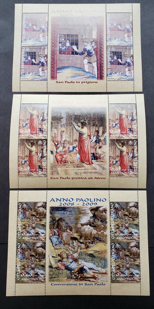 Lot 250 Vatican City SC#1392var/1394var 2008 Pauline Year Issue, 3 VFNH Sheets Of 4, Click on Listing to See ALL Pictures, 2017 Scott Cat. $24