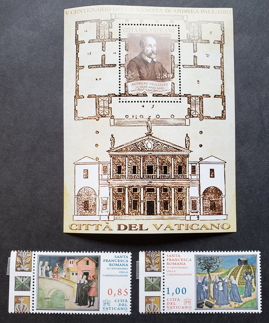 Lot 251 Vatican City SC#1398/1414 2008-2009 Andrea Palladio / St. Frances Of Rome Issues, 2 VFNH Singles And A Souvenir Sheet, Click on Listing to See ALL Pictures, 2017 Scott Cat. $12.5