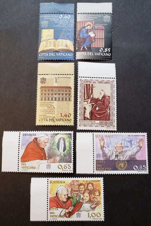 Lot 252 Vatican City SC#1415/1421 2009 World Book And Copyright Day / Travels Of Pope Benedict XVI Issues, 7 VFNH Singles, Click on Listing to See ALL Pictures, 2017 Scott Cat. $17.9