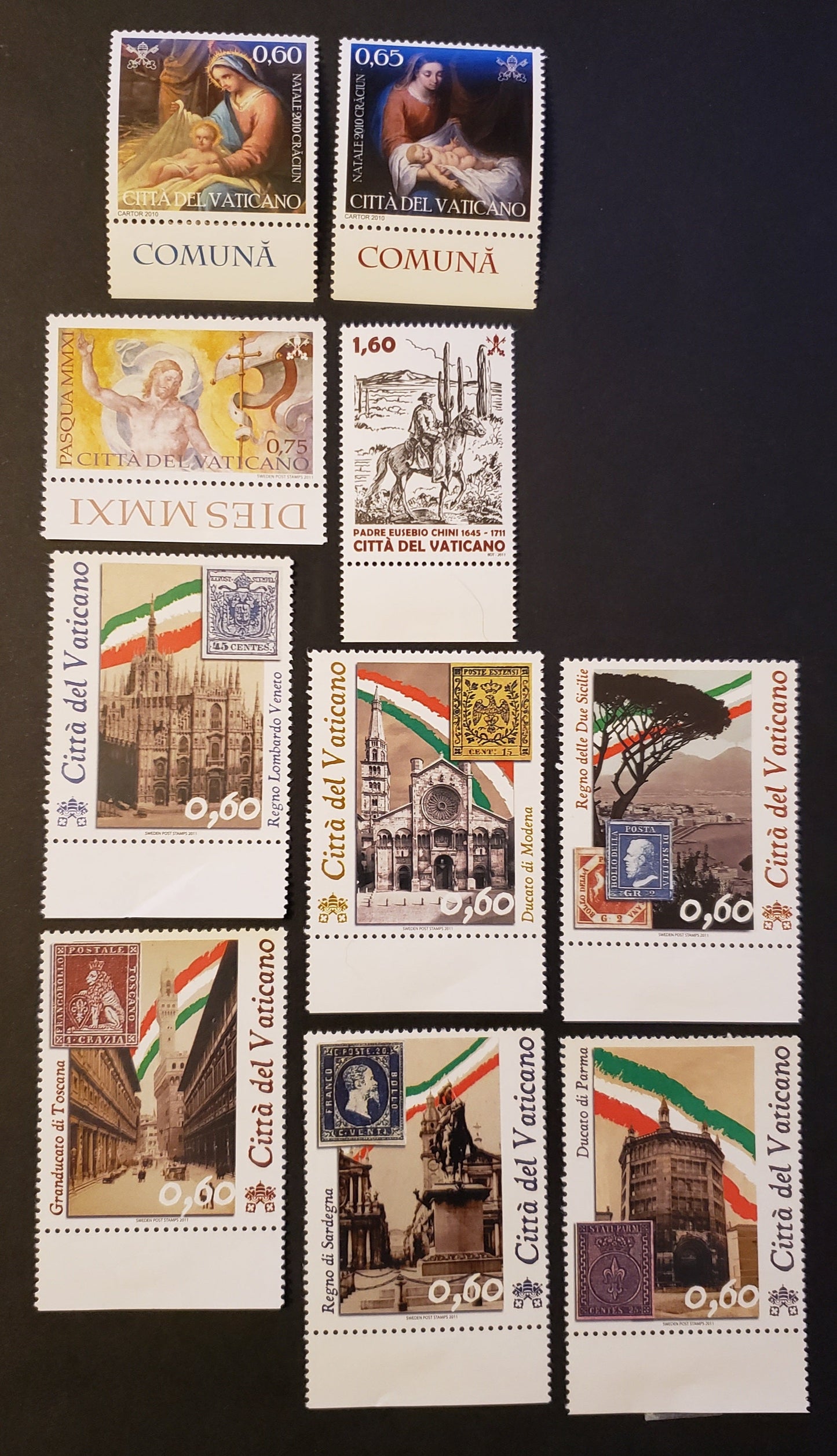 Lot 262 Vatican City SC#1458/1469 2010 Christms / Unification Of Italy Issues, 10 VFNH Singles, Click on Listing to See ALL Pictures, 2017 Scott Cat. $21.65