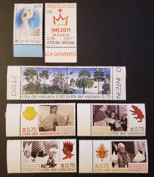 Lot 263 Vatican City SC#1471/1477 2011 Beatification Of Pope John Paul II / Ordination Of Pope Benedict XVI Issues, 6 VFNH Singles And A Pair, Click on Listing to See ALL Pictures, 2017 Scott Cat. $17.6