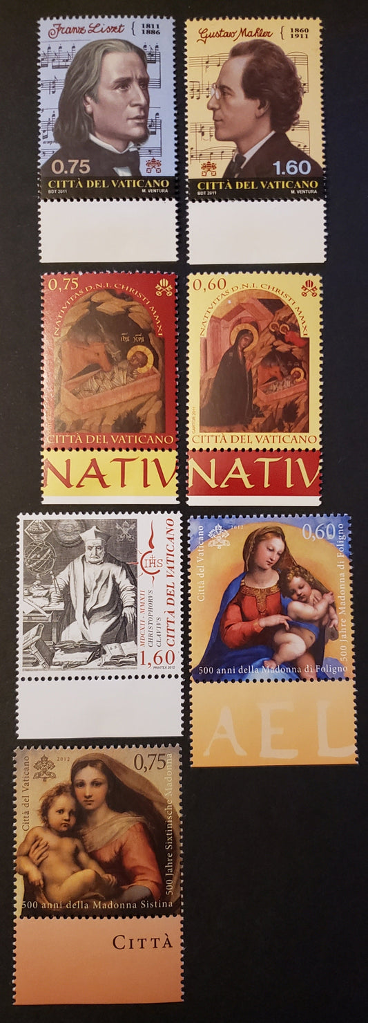 Lot 265 Vatican City SC#1483/1496 2011-2012 Composers / Art By Raphael Issues, 7 VFNH Singles, Click on Listing to See ALL Pictures, 2017 Scott Cat. $18.75