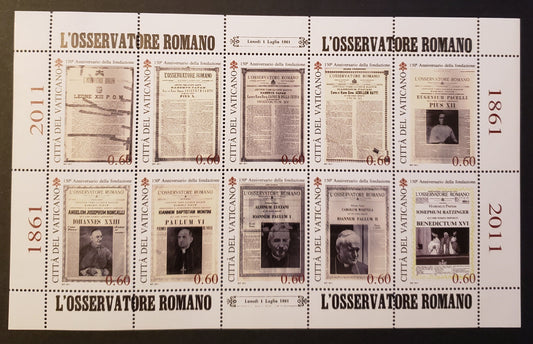 Lot 267 Vatican City SC#1478 2011 L'Osservatore Romano Issue, A VFNH Sheet Of 10, Click on Listing to See ALL Pictures, 2017 Scott Cat. $18.5