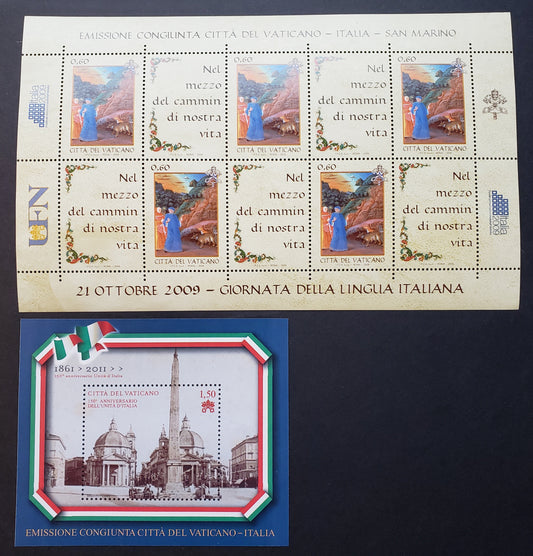 Lot 270 Vatican City SC#1426var/1470 2009-2011 Italian Language Day / Unification Of Italy Issues, A VFNH Sheet Of 5 + Labels And A Souvenir Sheet, Click on Listing to See ALL Pictures, 2017 Scott Cat. $14.5