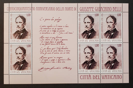 Lot 272 Vatican City SC#1527var 2013 Giuseppe Gioachino Belli Issue, A VFNH Sheet Of 6, Click on Listing to See ALL Pictures, 2017 Scott Cat. $15.6