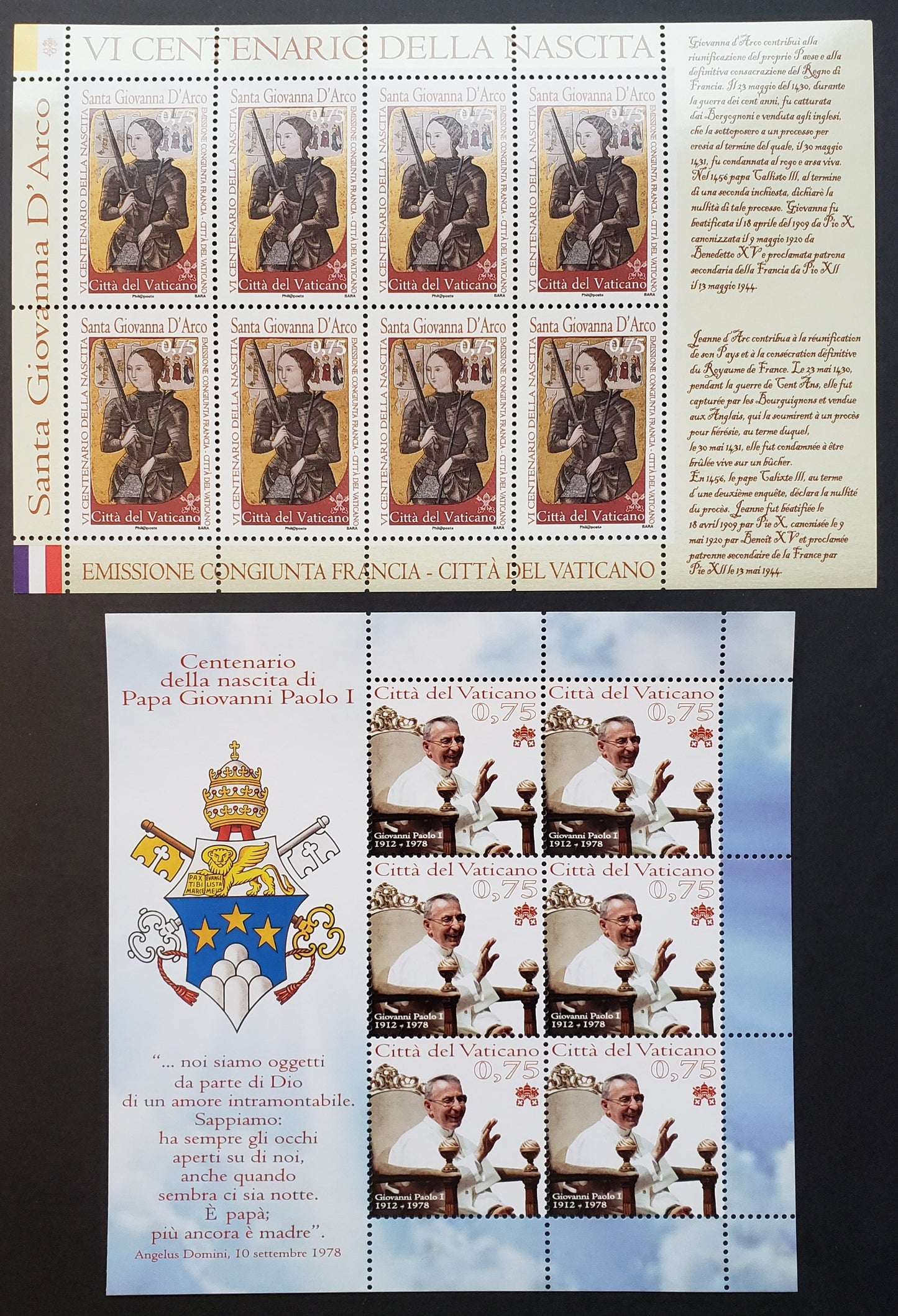 Lot 275 Vatican City SC#1499var/1505var 2013 St. Joan Of Arc / Pope John Paul I Issues, A VFNH Sheet Of 8 And A Shet Of 6, Click on Listing to See ALL Pictures, 2017 Scott Cat. $28