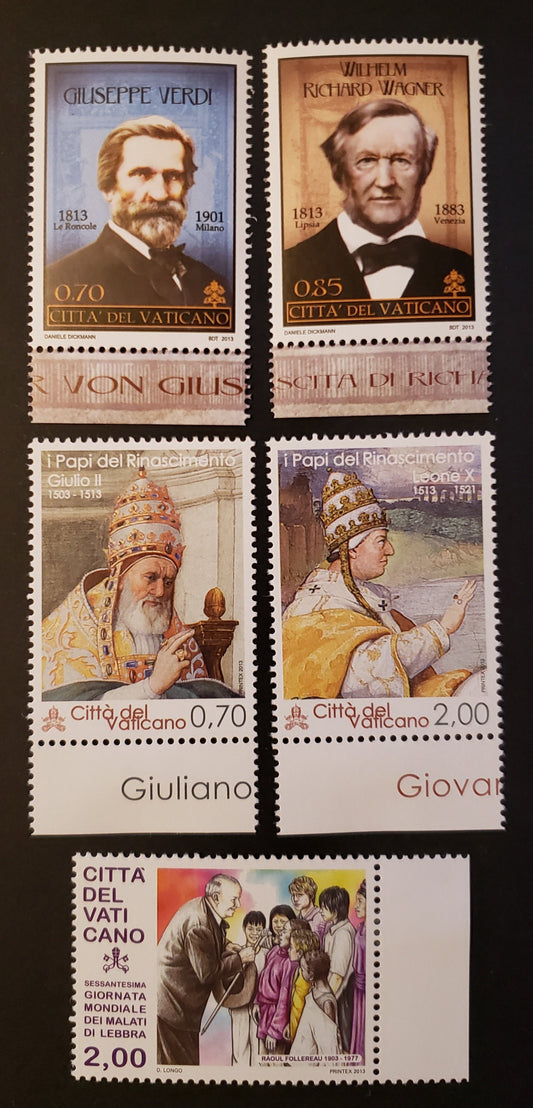 Lot 287 Vatican City SC#1537/1541 2013 Composers / Raoul Follereau Issues, 5 VFNH Singles, Click on Listing to See ALL Pictures, 2017 Scott Cat. $17