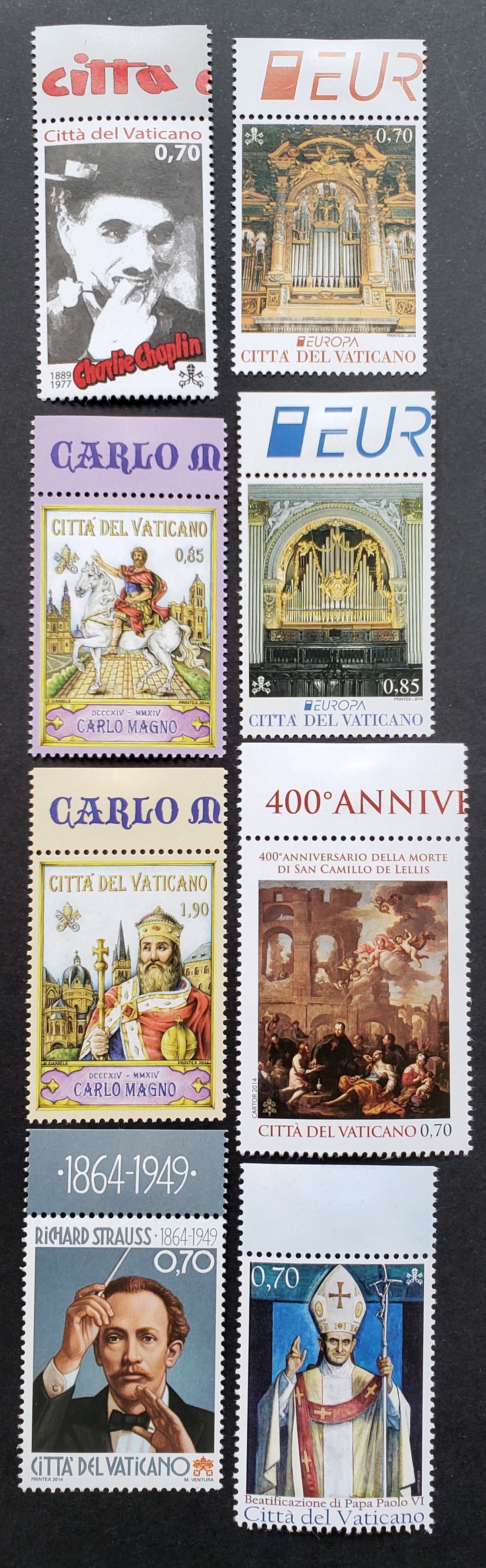 Lot 290 Vatican City SC#1562/1571 2014 Charlie Chaplin / Beatification Of Pope Paul VI Issues, 8 VFNH Singles, Click on Listing to See ALL Pictures, 2017 Scott Cat. $19.35