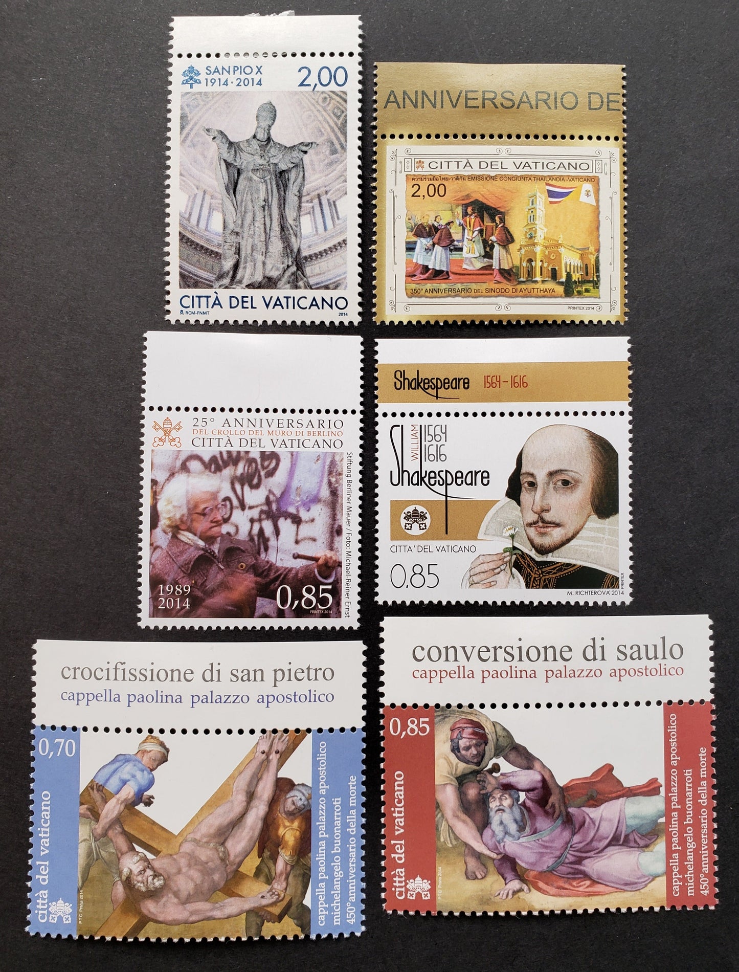 Lot 291 Vatican City SC#1572/1578 2014 Statue Of St. Pius X / Pauline Chapel Paintings Issues, 6 VFNH Singles, Click on Listing to See ALL Pictures, 2017 Scott Cat. $18.85