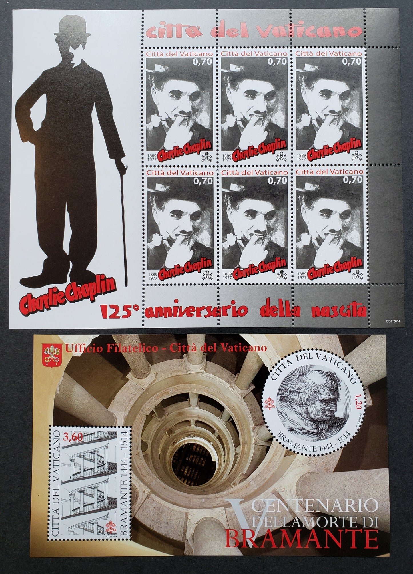 Lot 299 Vatican City SC#1562var/1568 2015 Charlie Chaplin / Donato Bramane Issues, A VFNH Sheet Of 6 And A Souvenir Sheet, Click on Listing to See ALL Pictures, 2017 Scott Cat. $24.4