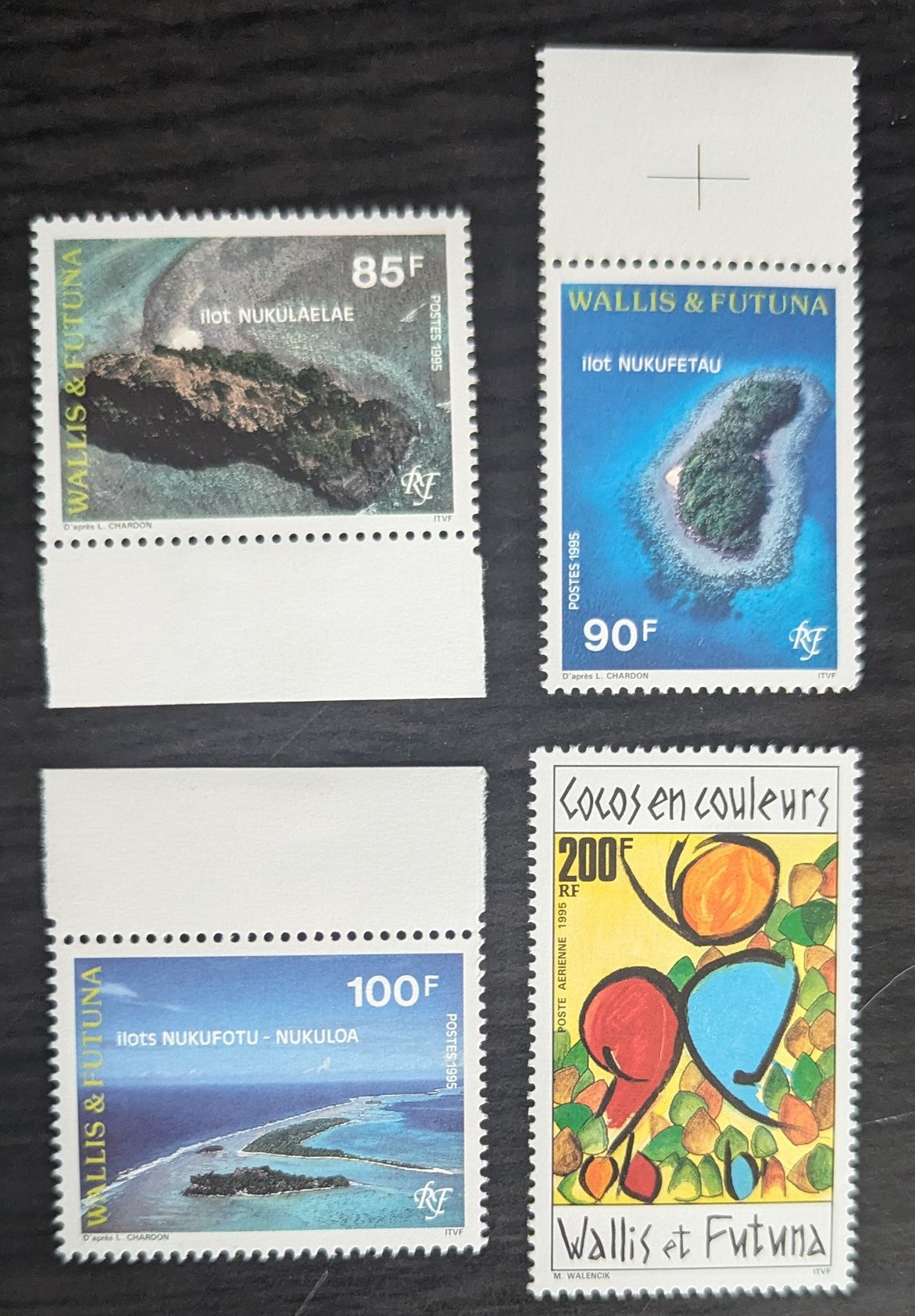 Lot 35 Wallis & Futuna SC#465/C183 1995 Aerial View of Islands - Paintings of Cocoa Nuts Issues, 4 VFNH Singles, Click on Listing to See ALL Pictures, 2017 Scott Cat. $13