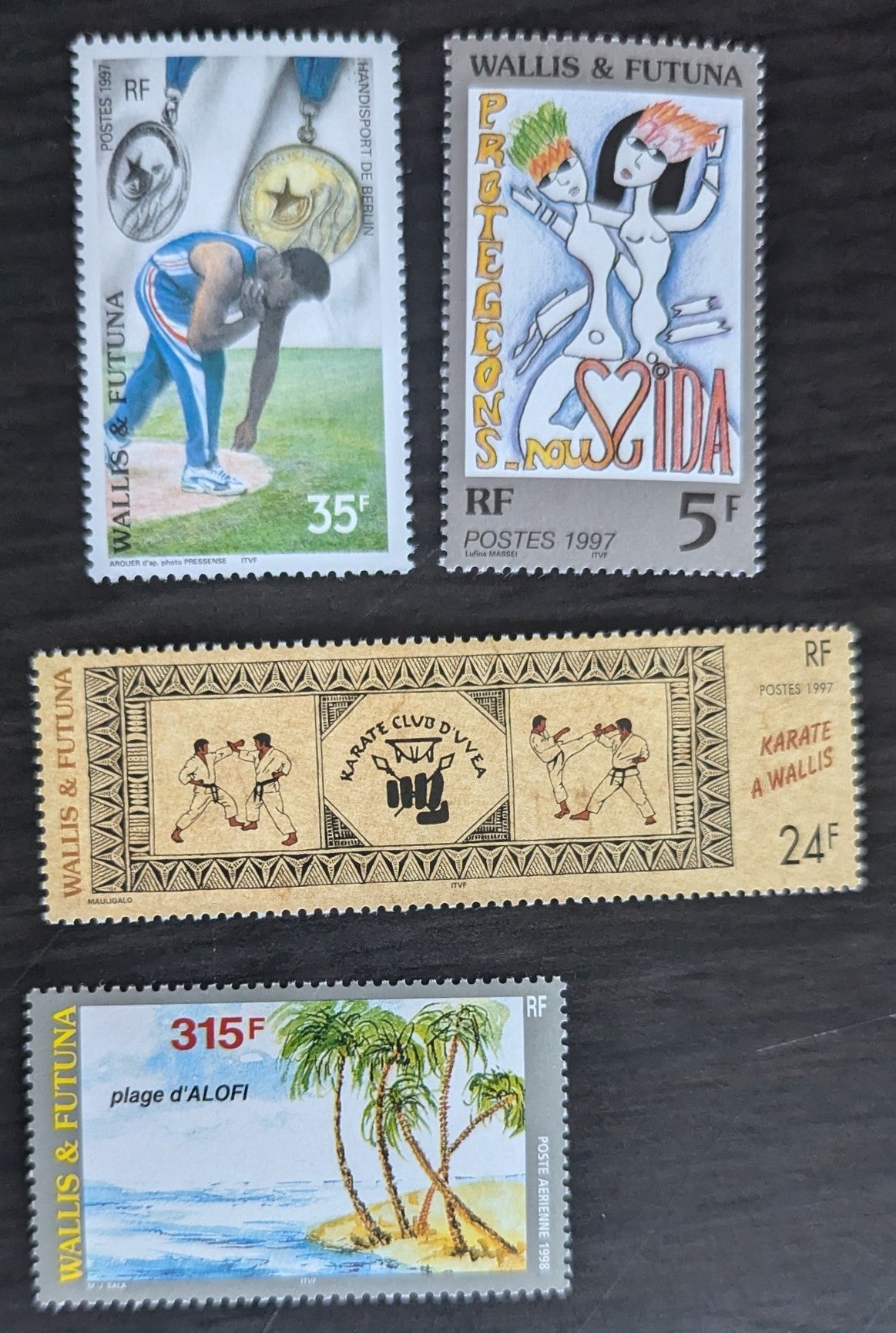 Lot 49 Wallis & Futuna SC#499/C201 1997-1998 Berlin Handicapped Sports Festival - Alofi Beach Issues, 4 VFNH Singles, Click on Listing to See ALL Pictures, 2017 Scott Cat. $12.1