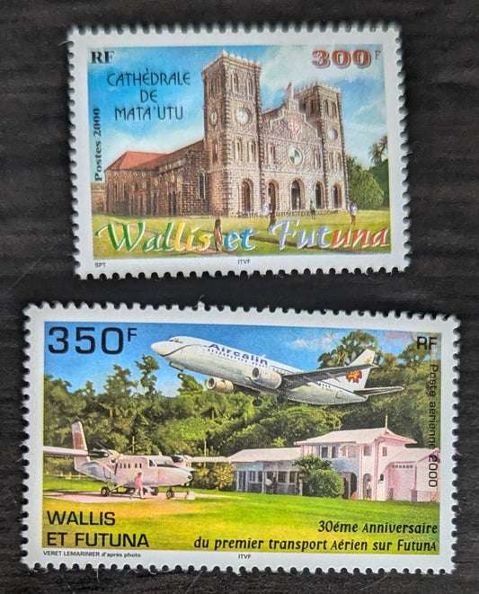 Lot 60 Wallis & Futuna SC#526/C215 2000 Mata'utu Cathedral - First Transport Flight to Futuna, 30th Anniv Issues, 2 VFNH Singles, Click on Listing to See ALL Pictures, 2017 Scott Cat. $17.5