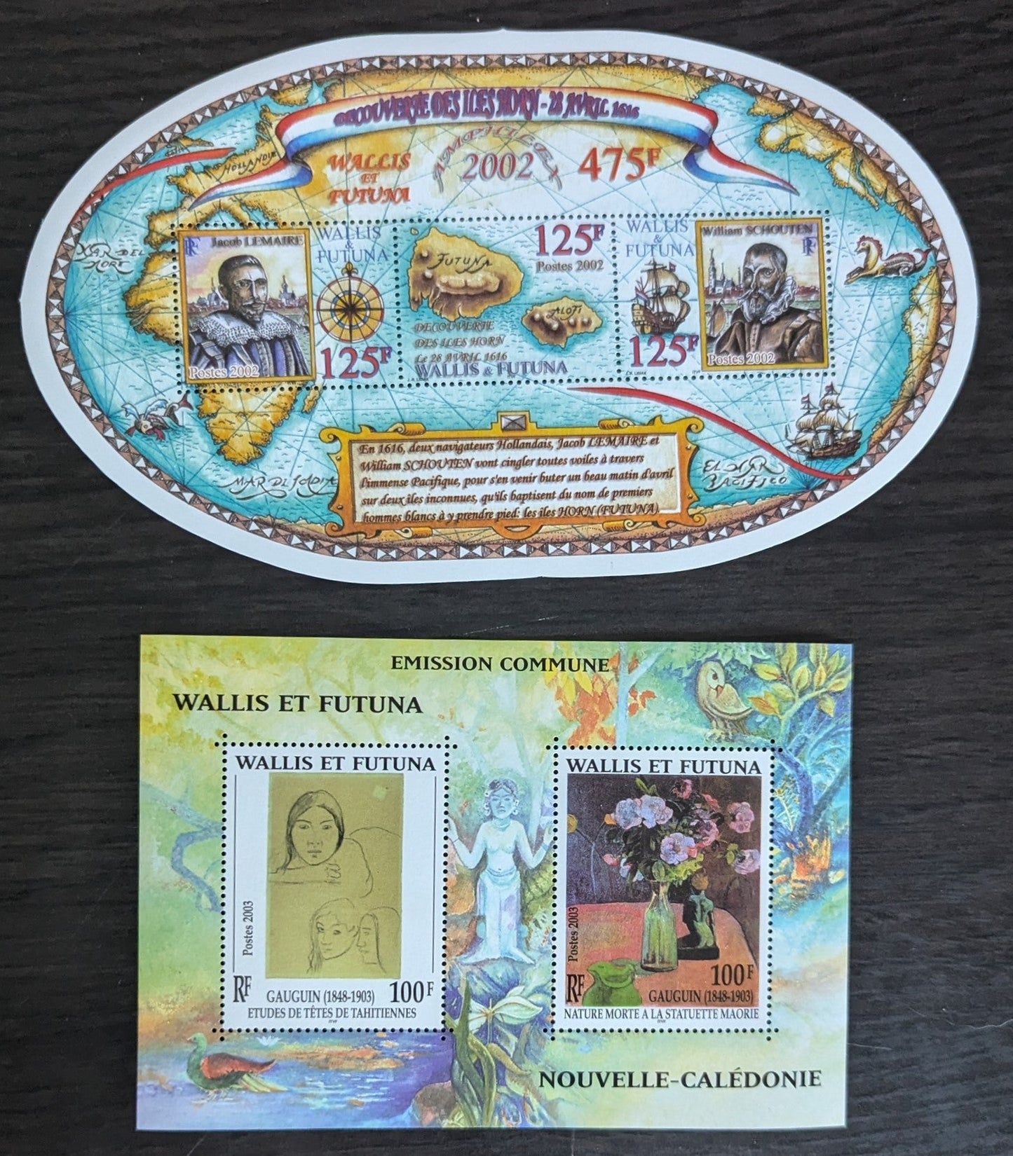 Lot 75 Wallis & Futuna SC#558d/573 2002-2003 Discovery of the Horn Islands - Still Life with Maori Statuette Issues, 2 VFNH Souvenir Sheets, Click on Listing to See ALL Pictures, 2017 Scott Cat. $15.5