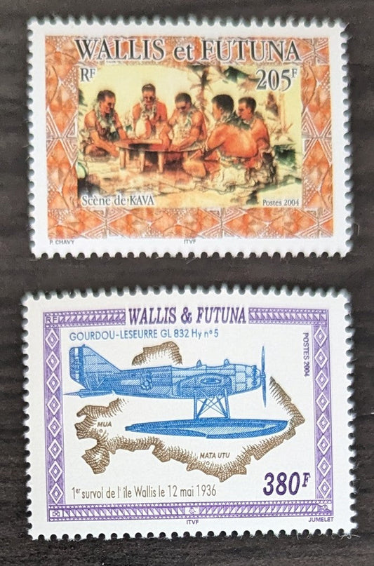 Lot 85 Wallis & Futuna SC#584/587 2004 Kava Drinkers - First Flight over Wallis island, 68th Anniv Issues, 2 VFNH Singles, Click on Listing to See ALL Pictures, 2017 Scott Cat. $15.75