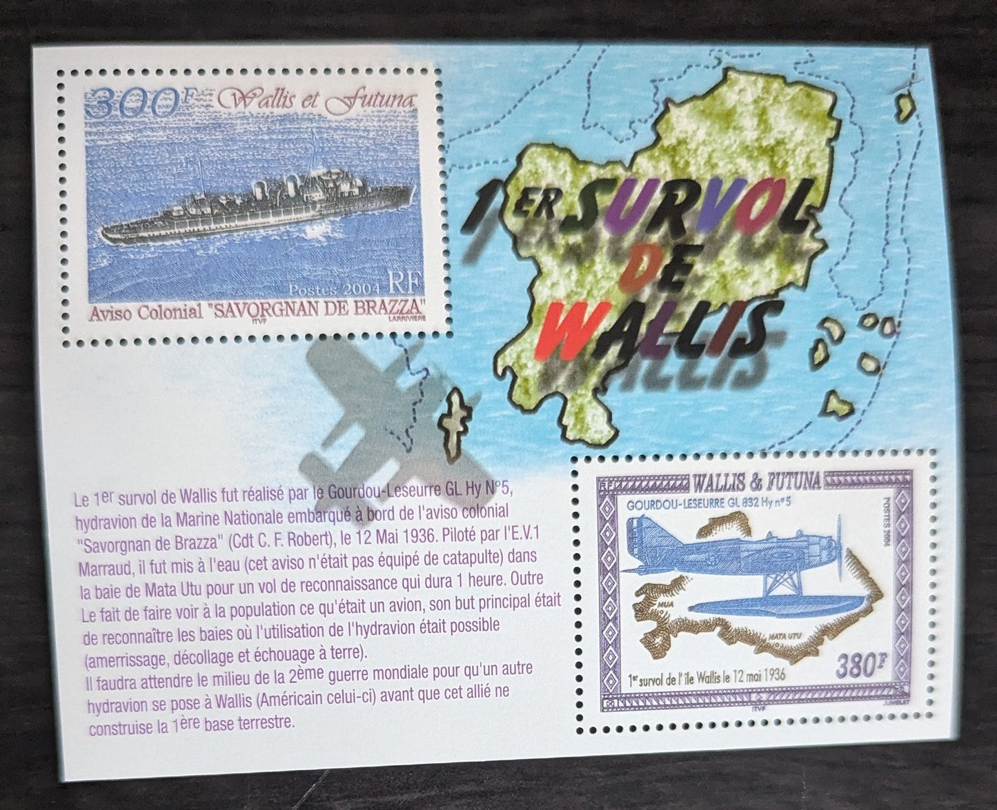 Lot 86 Wallis & Futuna SC#588 330fr/380fr Multicolored 2004 First Flight over Wallis island, 68th Anniv Issue, A VFNH Sheet of 2, Click on Listing to See ALL Pictures, 2017 Scott Cat. $18.5