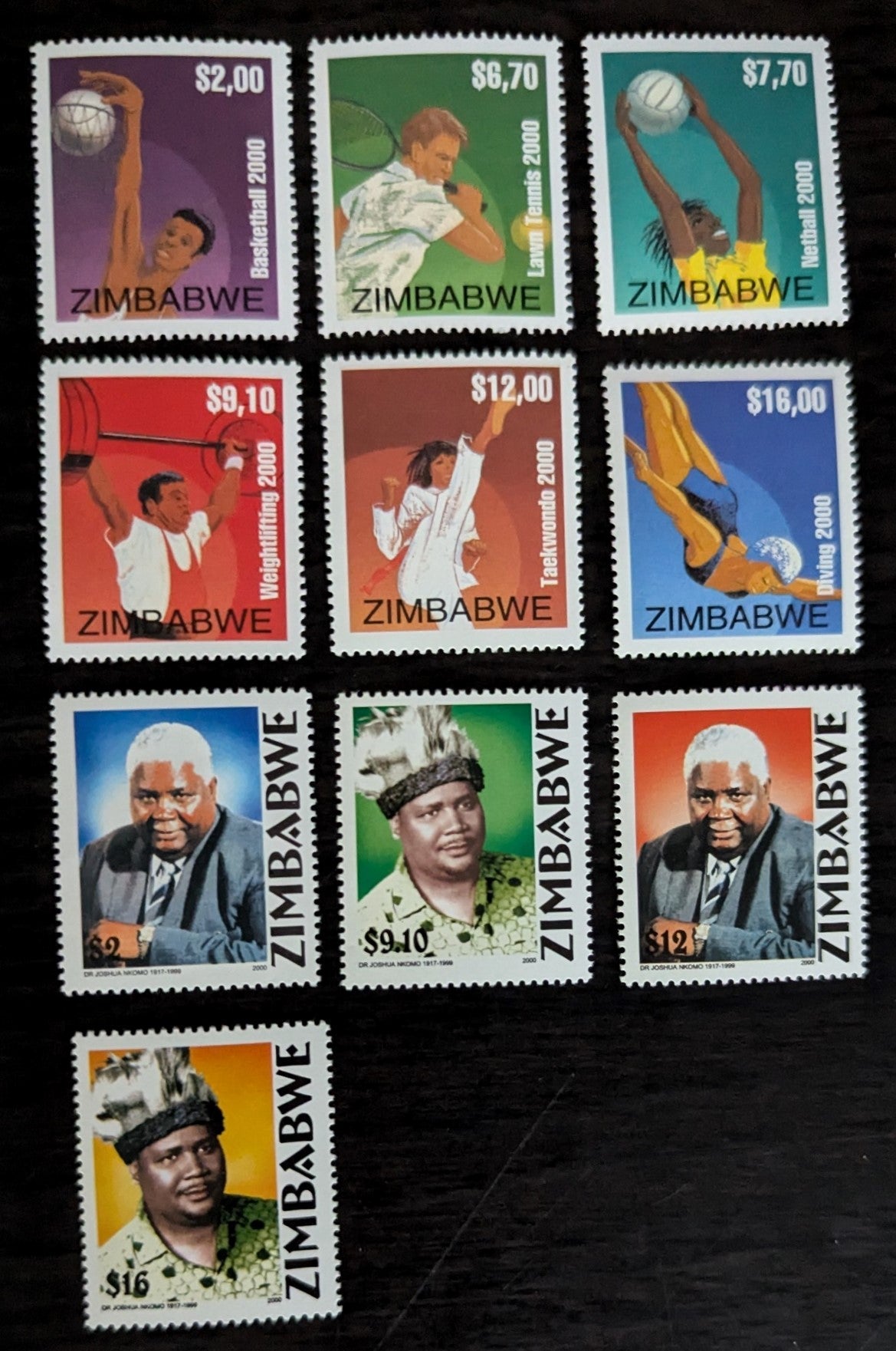 Lot 201 Zimbabwe SC#854-863 2000 Sports - Dr Joshua Nkomo Issues, 10 VFNH Singles, Click on Listing to See ALL Pictures, 2017 Scott Cat. $11.8