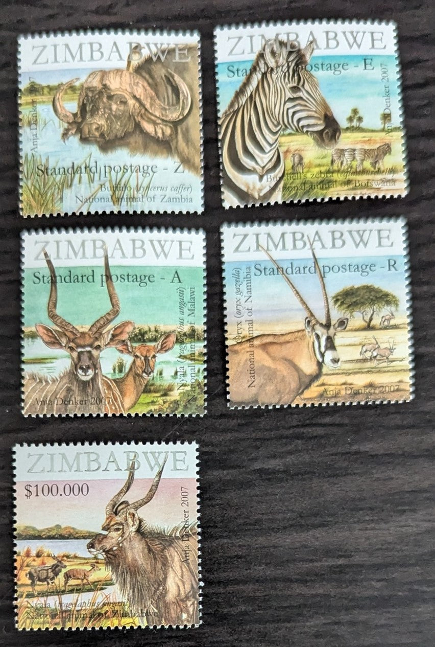 Lot 225 Zimbabwe SC#1064-1068 2007 National Animals Issue, 5 VFNH Singles, Click on Listing to See ALL Pictures, Estimated Value $8