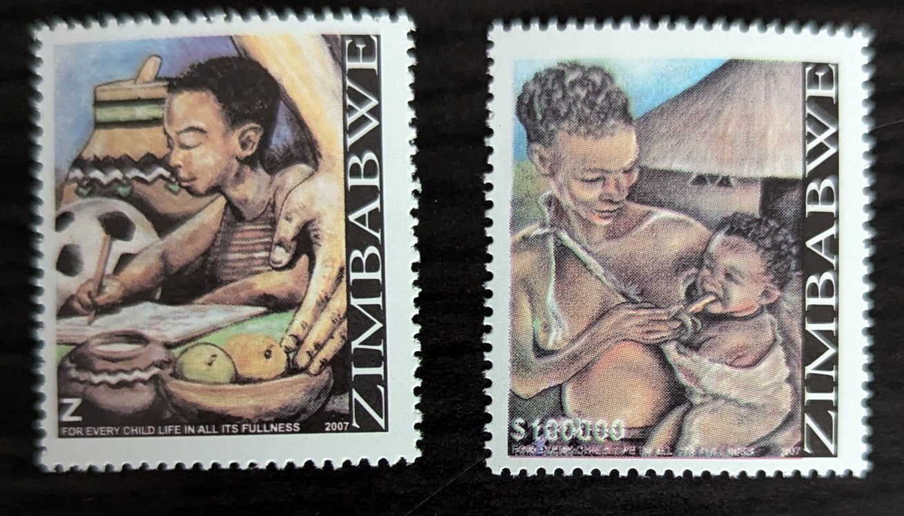 Lot 227 Zimbabwe SC#1062-1063 2007 Life of Children Issue, 2 VFNH Singles, Click on Listing to See ALL Pictures, Estimated Value $12.5