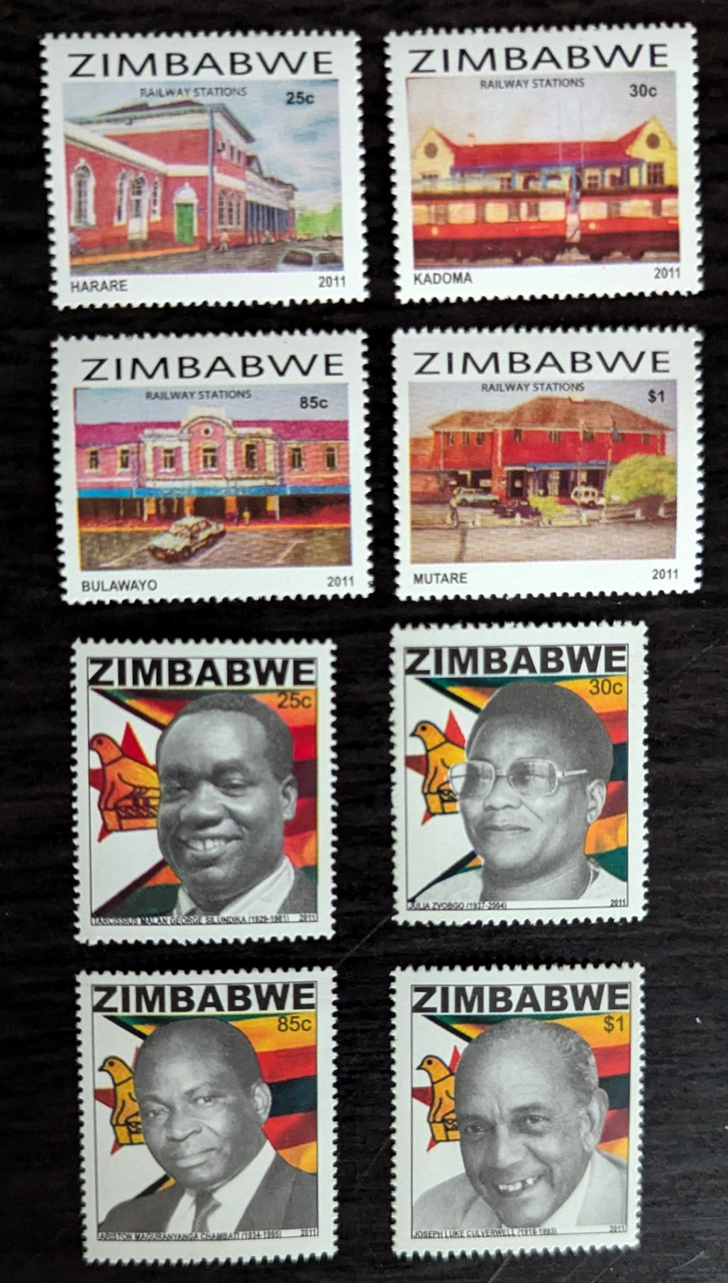 Lot 236 Zimbabwe SC#1127-1134 2011 Railroad Stations - National Heroes Issues, 8 VFNH Singles, Click on Listing to See ALL Pictures, 2017 Scott Cat. $10