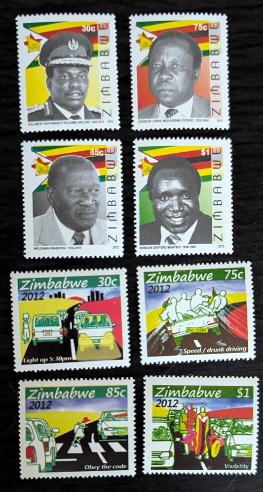 Lot 239 Zimbabwe SC#1147-1154 2012 National Heroes - Road Safety Campaign Issues, 8 VFNH Singles, Click on Listing to See ALL Pictures, 2017 Scott Cat. $12