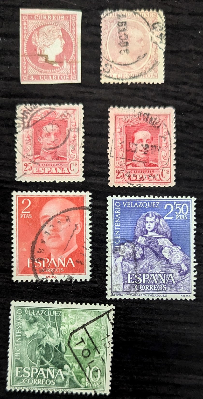 Spain SC#37/986 1855-1961 Queen Isabela II - Velaquez 'The Spinners' Issues, 7 VG To VF Used Singles, Click on Listing to See ALL Pictures, 2017 Scott Cat. $9.85