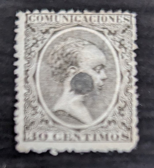 Lot 249 Spain SC#264 30c Olive Gray 1889 King Alfonso XIII Issue, Telegraph Hole Punch, A Very Good Used Single, Click on Listing to See ALL Pictures, Cat. $5.25, Est. $3