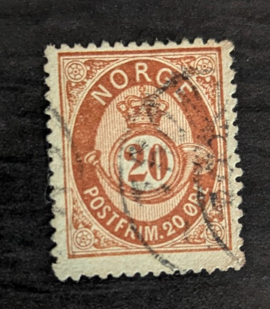 Lot 255 Norway SC#27 20o Orange Brown 1877-1878 Posthorn Shaded Issue, A Fine Used Single, Click on Listing to See ALL Pictures, 2017 Scott Cat. $20