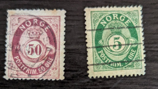 Lot 256 Norway SC#30/50 1877-1908 Posthorn with San-serif & Roman Numeral Issues, 2 Fine Used Singles, Click on Listing to See ALL Pictures, 2017 Scott Cat. $16.25