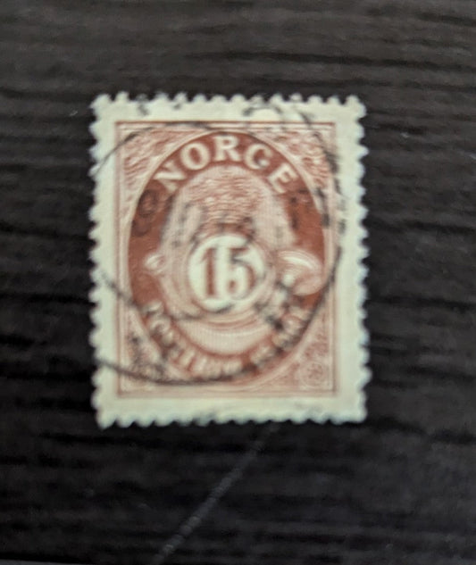 Lot 257 Norway SC#52 15o Brown 1893-1908 Posthorn with Roman Numeral Issues, A Very Fine Used Single, Click on Listing to See ALL Pictures, 2017 Scott Cat. $16