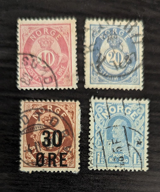 Lot 260 Norway SC#25/71 1877-1918 Posthorn with San-serif & King Haakon VII Issues, 4 Fine & Very Fine Used Singles, Click on Listing to See ALL Pictures, 2017 Scott Cat. $15