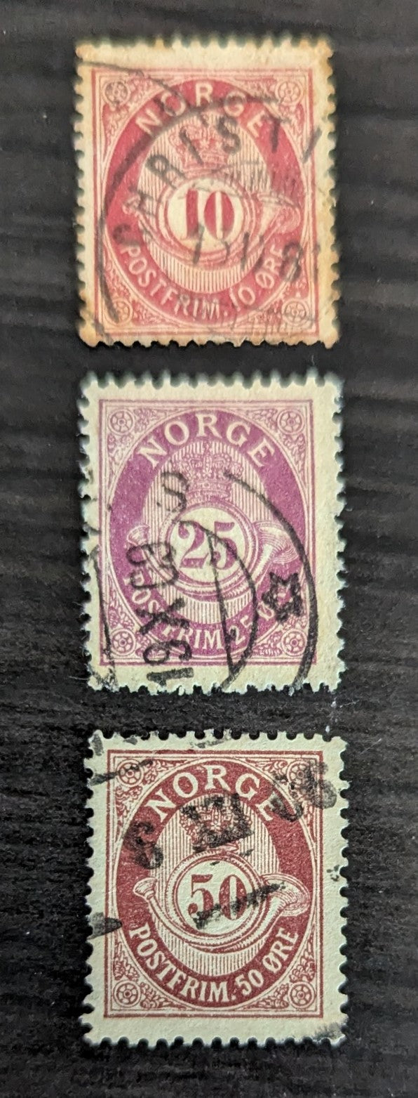 Norway SC#40/57 1882-1908 Posthorn Unshaded - 'NORSE' In Roman Issues, 3 VG To VF Used Singles, Click on Listing to See ALL Pictures, 2017 Scott Cat. $10