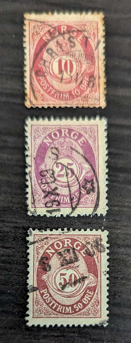 Norway SC#40/57 1882-1908 Posthorn Unshaded - 'NORSE' In Roman Issues, 3 VG To VF Used Singles, Click on Listing to See ALL Pictures, 2017 Scott Cat. $10