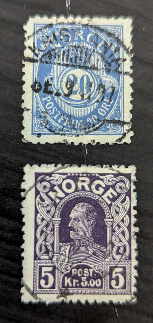 Lot 265 Norway SC#53a/73 1893-1918 Posthorn with Roman Numeral - King Haakon VII Issues, Scarce Perf. 13.5 x 12.5 on 20o, 2 Fine Used Singles, Click on Listing to See ALL Pictures, 2017 Scott Cat. $13