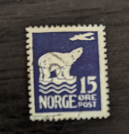 Lot 270 Norway SC#108 15o Dark Blue 1925 Polar Bear & Airplane Issue, A Fine Used Single, Click on Listing to See ALL Pictures, 2017 Scott Cat. $32.5