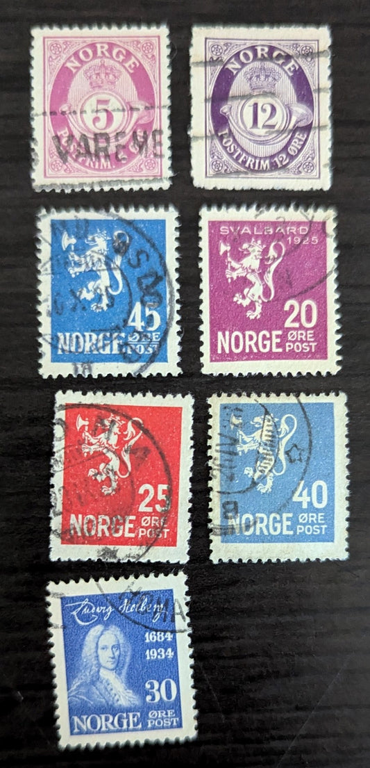 Lot 271 Norway SC#78var/161 1910-1934 Redrawn Posthorn - Holberg Issues, 7 Very Fine & Fine Used Singles, Click on Listing to See ALL Pictures, 2017 Scott Cat. $16.5