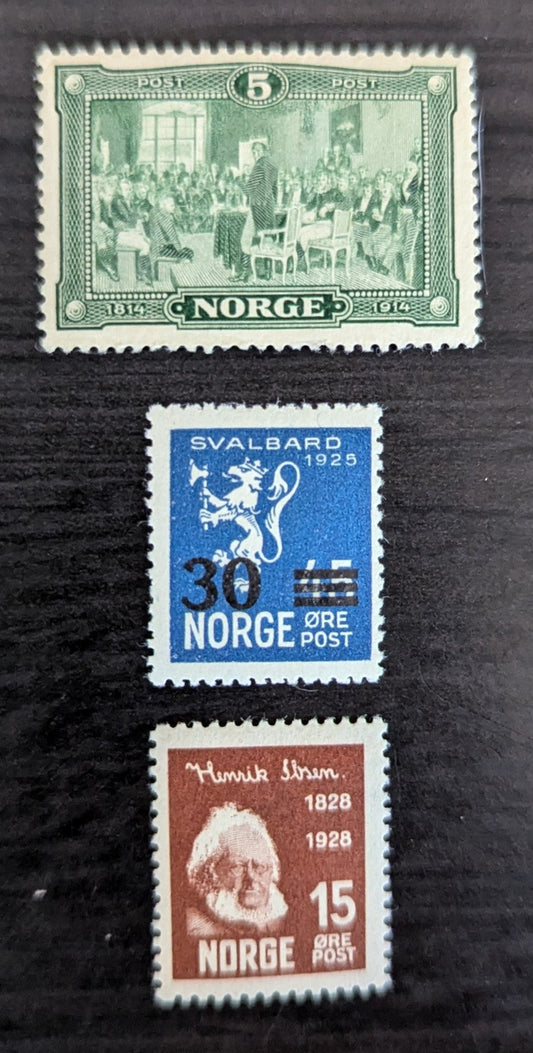 Lot 274 Norway SC#96/133 1910-1928 Redrawn Posthorn - Henrik Ibsen Issues, 3 Fine & VFOG Singles, Click on Listing to See ALL Pictures, 2017 Scott Cat. $12.25