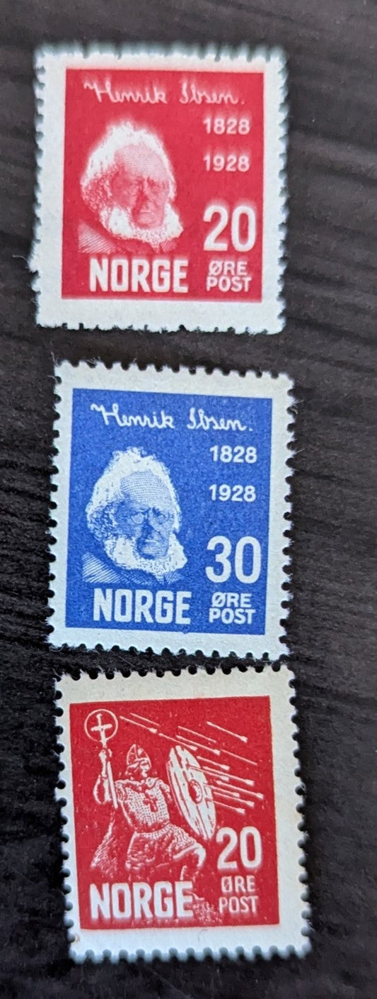 Lot 276 Norway SC#134/151 1928-1930 Henrik Ibsen - Trondheim Cathedral Issues, 3 fine OG Singles, Click on Listing to See ALL Pictures, 2017 Scott Cat. $12.25