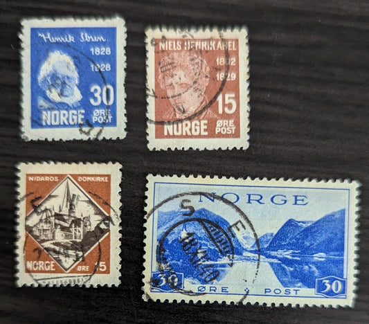 Norway SC#135/183 1928-1938 Henrik Ibsen - Jolster in Sunnfiord Issues, 4 Very Fine Used Singles, Click on Listing to See ALL Pictures, 2017 Scott Cat. $11