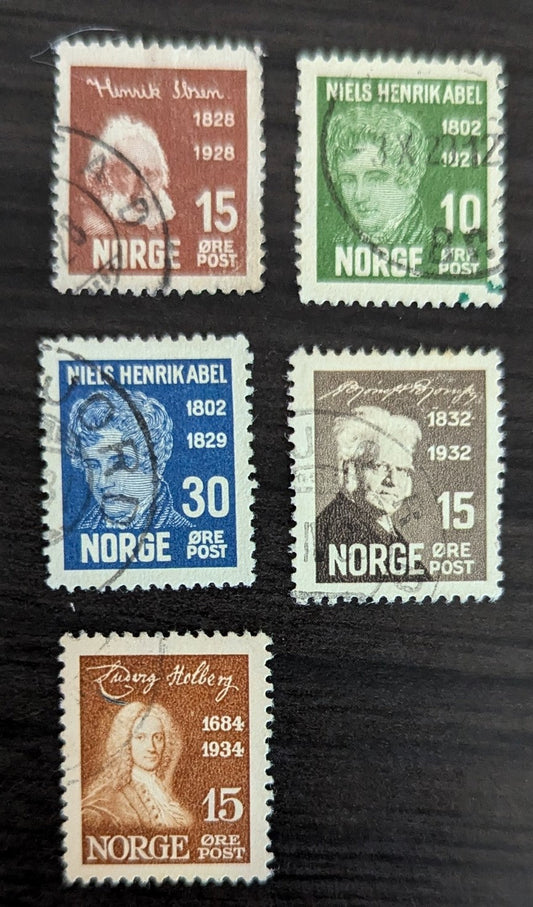 Lot 279 Norway SC#133/159 1928-1934 Henrik Ibsen - Holberg Issues, 5 Very Fine Used Singles, Click on Listing to See ALL Pictures, 2017 Scott Cat. $11.25