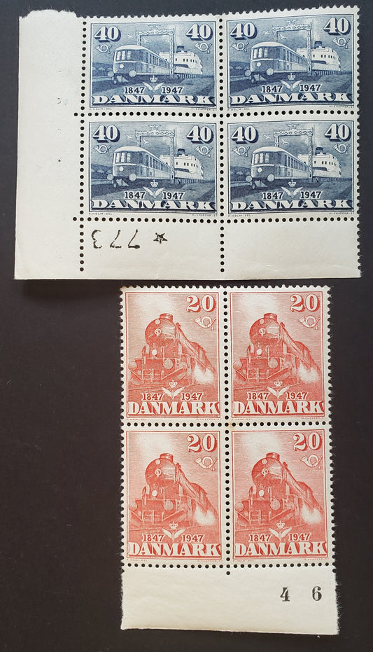 Lot 27 Denmark SC#302/303 1947 Danish State Railway Issue, A VFNH Plate Block And Block Of 4, Click on Listing to See ALL Pictures, 2017 Scott Cat. $19.4