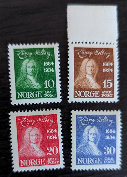 Lot 285 Norway SC#158-161 1934 Holberg issue, 4 VFOG Singles, Click on Listing to See ALL Pictures, 2017 Scott Cat. $27.5