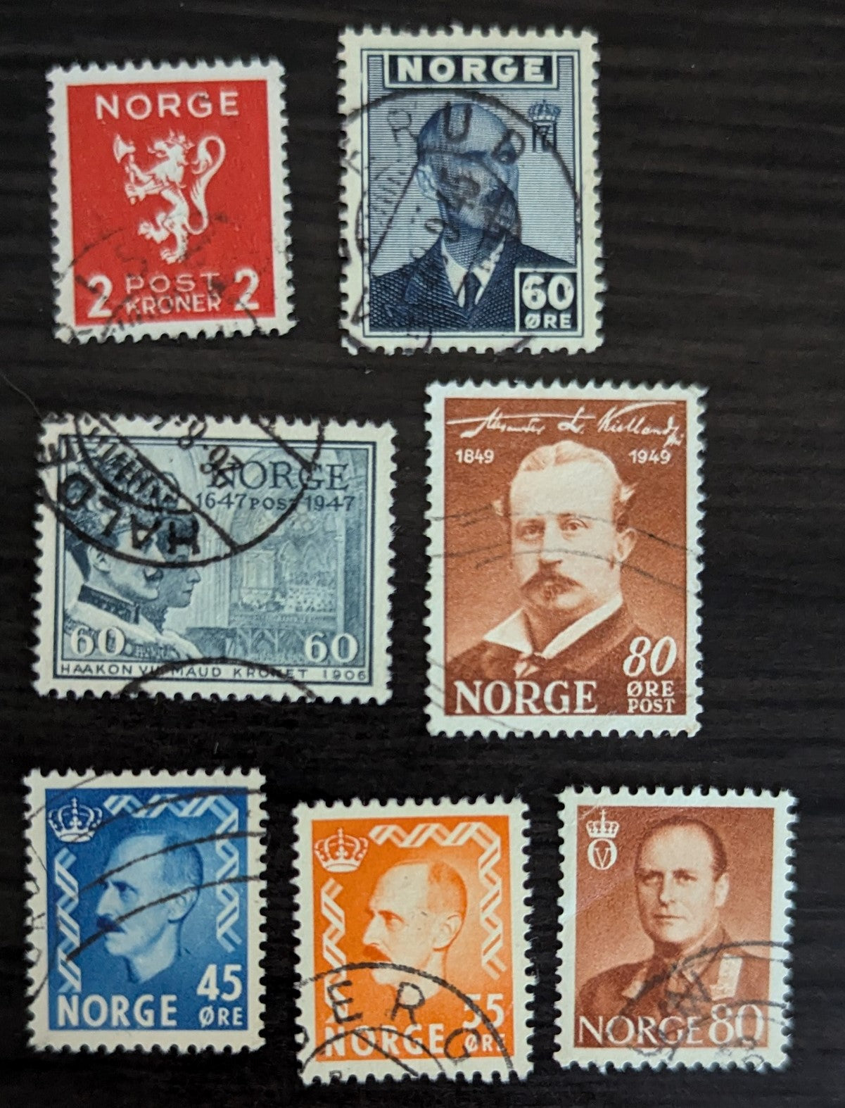 Norway SC#205/367 1940-1960 Lion Rampart - King Olaf V Issues, 7 Very Fine Used Singles, Click on Listing to See ALL Pictures, 2017 Scott Cat. $11.5