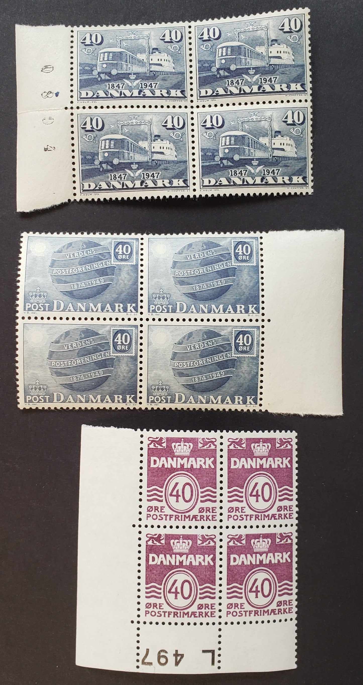 Lot 28 Denmark SC#303/689 1947-1989 Danish State Railway / Wavy Lines And Numeral Issues, 3 VFNH Blocks Of 4, Click on Listing to See ALL Pictures, 2017 Scott Cat. $19.1