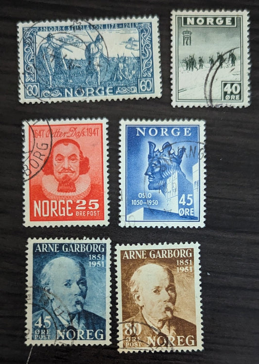 Lot 290 Norway SC#245/320 1941-1951 700th Anniv of Death of Snorri Sturluson - Arne Garborg Issues, 6 Very Fine Used Singles, Click on Listing to See ALL Pictures, 2017 Scott Cat. $12.75